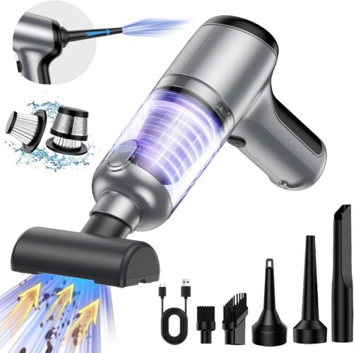Mini Handheld Car Vacuum Cleaner/Air Duster/Blower/Hand Pump, 18000 PA High Power Brushless Motor, Portable Keyboard Vacuum Cleaner with Multi-Nozzles for Home, Office, Computer(Silver)