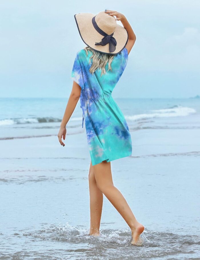 Ekouaer Womens Swimsuit Coverup Short Sleeve Beach Cover Up Dress V Neck Bikini Beachwear - Image 3