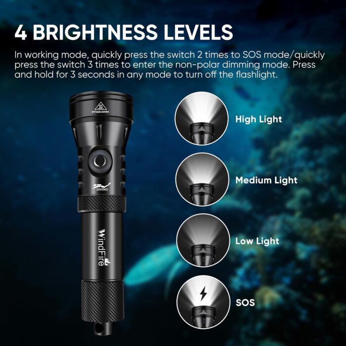 WINDFIRE High-Power Dive Lights Scuba Diving Flashlight – IPX8 Waterproof Underwater Flashlight with Power Indicator, 4 Modes, Ultra-Bright Dive Torch for Night Diving & Ocean Exploration - Image 3