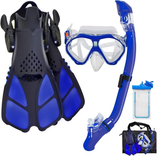 Kids Snorkeling Set Children Mask Fin Snorkel Set Snorkeling Gear Snorkel Mask + Adjustable Swimming Kids Flippers+ Dry Snorkel Tube + Travel Bags