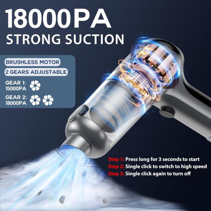 Mini Handheld Car Vacuum Cleaner/Air Duster/Blower/Hand Pump, 18000 PA High Power Brushless Motor, Portable Keyboard Vacuum Cleaner with Multi-Nozzles for Home, Office, Computer(Silver) - Image 2