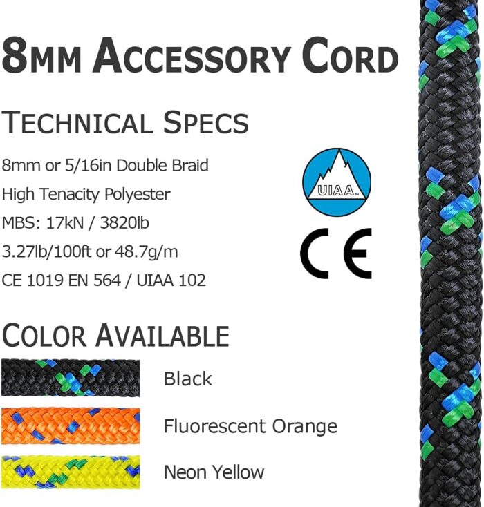 GM CLIMBING 8mm (5/16in) Accessory Cord Rope Double Braid Pre Cut CE/UIAA - Image 2