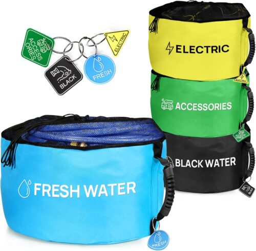 RV Hose Storage Bag of 4 Pack, Camper Accessories for Outside, Rubber Identification Tags for Fresh/Black Water Sewer Hoses Electrical Cords & Accessories RV Equipment Storage Utility Bag