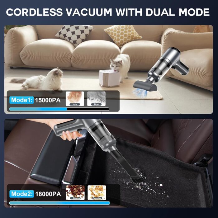 Mini Handheld Car Vacuum Cleaner/Air Duster/Blower/Hand Pump, 18000 PA High Power Brushless Motor, Portable Keyboard Vacuum Cleaner with Multi-Nozzles for Home, Office, Computer(Silver) - Image 4