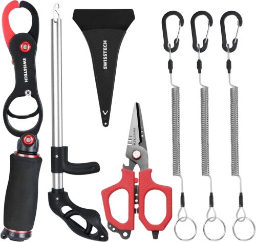 Swiss+Tech Fishing Tool Kit, Fish Gripper with Scale, Muti-Function Fishing Pliers, Braided Line Scissors, Fishing Gear with Safety Coiled Lanyard, Fishing Gifts for Anglers…