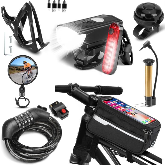 8 Pack Bicycle Accessories, Bike Light Set USB Rechargeable, 1 Bike Water Bottle Holder, Bike Bag and 1 Bike Aluminum Bicycle Bell,Pump - Image 2