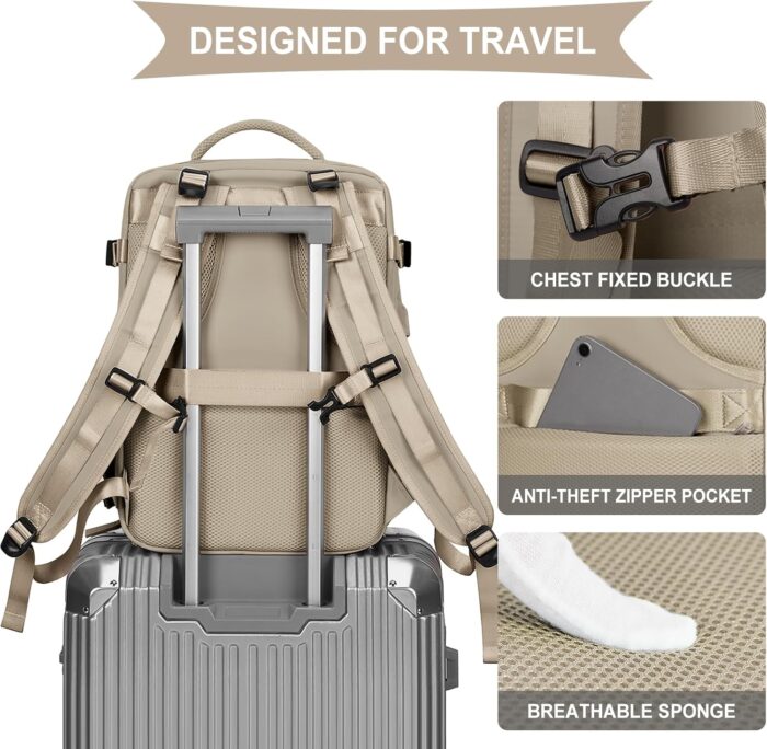 coowoz Large Travel Backpack For Women Men,Carry On Backpack Flight Approved,Hiking Backpack Waterproof Outdoor Rucksack Casual Daypack Fit 15.6 Inch Laptop Shoes Compartment (Khaki-L) - Image 7