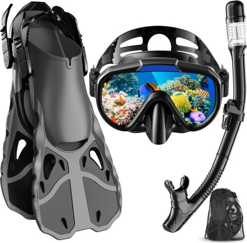 Snorkel Set with Fins for Adults, Snorkeling Gear for Adults Men and Women, Snorkle, Mask Set Adults Dry Top Snorkel Mask Combo Set with Travel Bag for Snorkeling, Diving, Swimming
