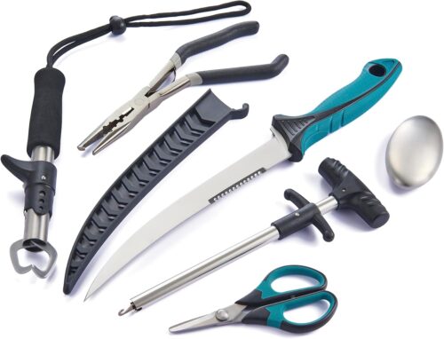 KNINE OUTDOORS 6PCS Fishing Tool Kit, Fishing Pliers, Fish Fillet Knife, Fishing Gripper, Fishing Scissors for Braided line, Fishing Gear and Equipment, Fishing Gifts for Men