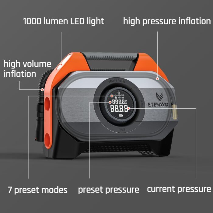 ETENWOLF VORTEX S6 Tire Inflator Portable Air Compressor for Heavy-duty Vehicle, Cordless Air Pump for Car & Inflatables with 19200 mAh Battery, 100% Duty Cycle & Dual Cylinder Bike Pump, Vivid Orange - Image 8