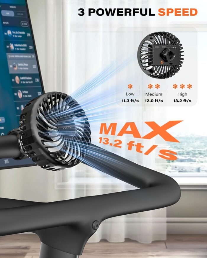 A2C Rechargeable Fan for Peloton Bike & Exercise Bike - 4000mAh Portable Fan with Adjustable Strap, 3 Speed Settings, 360° Rotation - Fits 0.5-1.5" Handlebars for Treadmill, Stroller, Golf Cart, Gym - Image 3