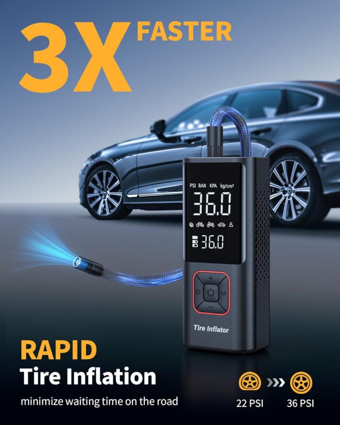 Cordless Tire Inflator Portable Air Compressor - 150PSI Air Pump with Auto Shutoff Function for Car Tires, Inflatables, Motorcycle, Balls, Compact Bike Tire Pump with LED Light, Red, Large - Image 2