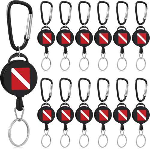 Geyoga 12 Pcs Scuba Retractor Clip, Retractable Diving Gear Tethers Heavy Duty Stainless Steel Key Ring with 24'' Quick Release Extension Cord for Dive Gauges Spearfishing Swimming Flashlights Cameras