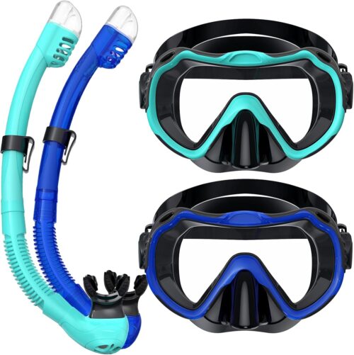 Snorkeling Gear for Adults, Snorkel Mask Set 180° Panoramic View Snorkel Gear, 100% Food-Grade Silicone Anti-Fog Anti-Leak Dry Top Diving Mask for Snorkeling Swimming Scuba Diving