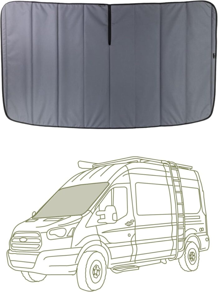 VanEssential Stealth Insulated Blackout Front Windshield Window Cover Designed for Ford Transit Van Medium and High Roof Year 2015 to Current - Charcoal Gray