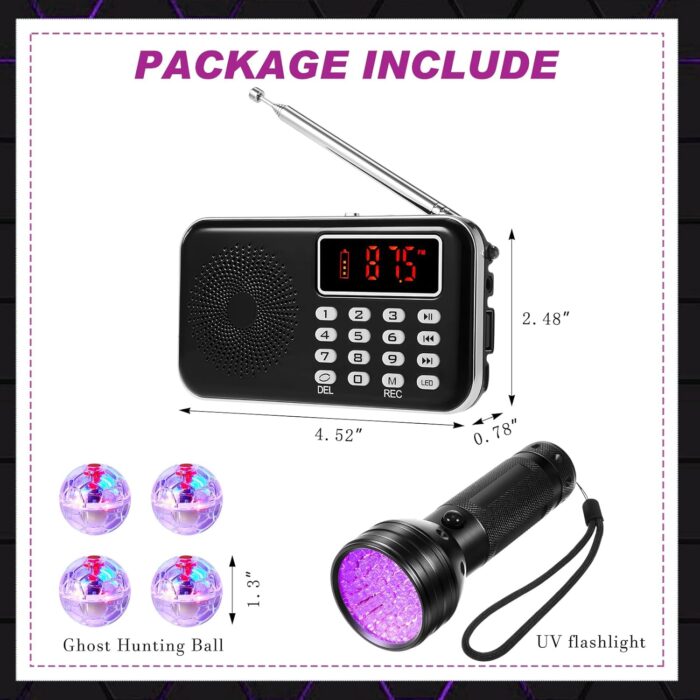Dunzy 6 Pcs Ghost Hunting Equipment Kit Includes 1 FM Radio, 4 Light up Cat Balls (Include Battery), 1 Black UV Flashlight for Paranormal Research - Image 2