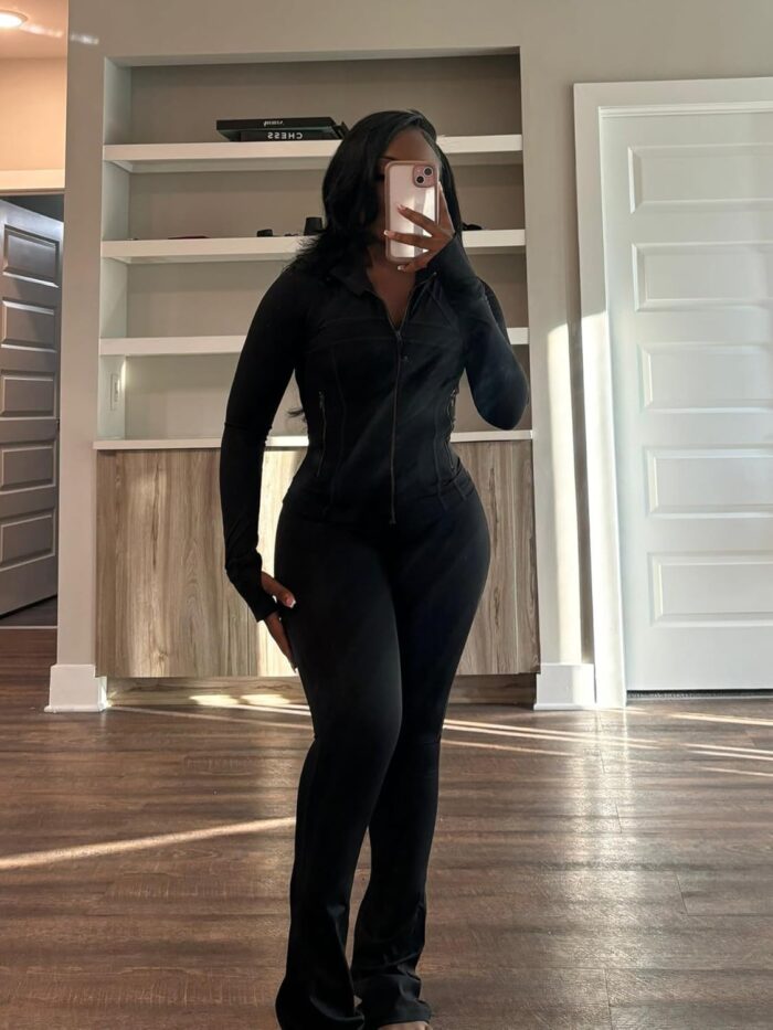 Molilove Womens 2 Piece Outfits Lounge Sweatsuit Set Long Sleeve Zipper Crop Jacket Long Flare Pants Tracksuits Workout Set - Image 3