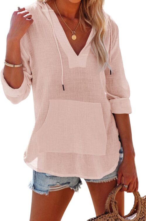 Ebifin Women's Beach Cover Up hoodies sweatshirt Long Sleeve V Neck Pocketed Hooded Shirt Top