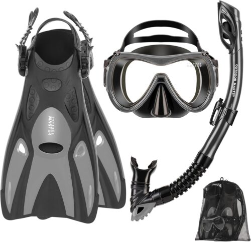 OutdoorMaster Mobula Snorkeling Gear for Adults,Mask Fins Snorkel Set with Panoramic View Anti-Fog, Dry Top Scuba Gear for Swimming Snorkeling Diving