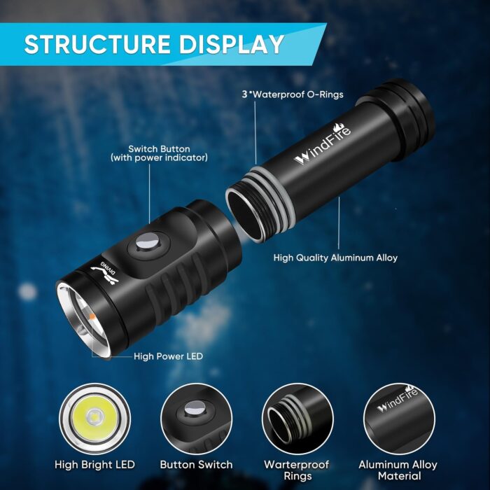WINDFIRE Dive Light Scuba Diving Flashlight Dive Torch Rechargeable, 3 Modes Underwater Light Waterproof Flashlight, Safety Dive Lights with Power Indicator for Night Diving - Image 2