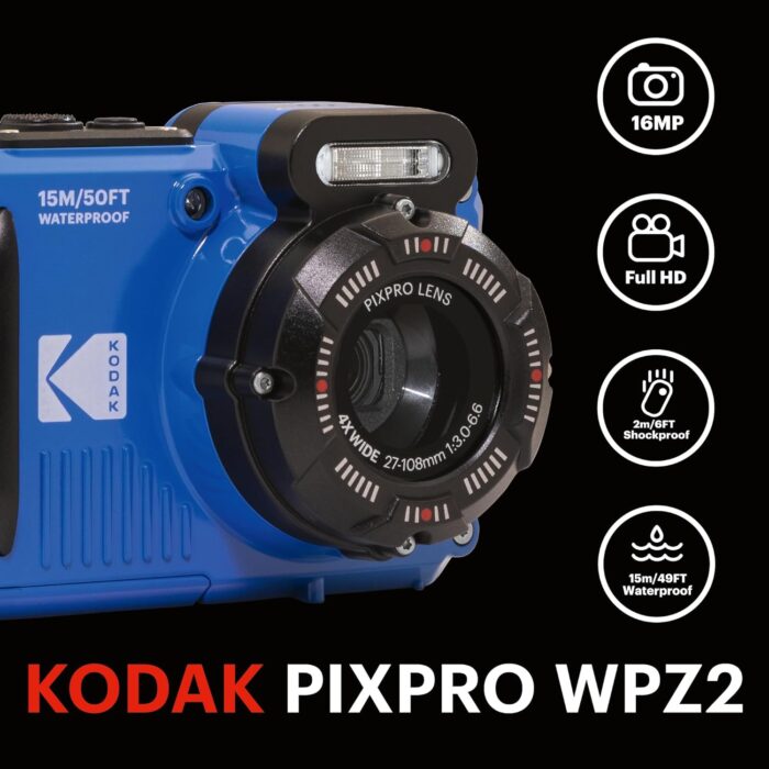 KODAK PIXPRO WPZ2 Rugged Waterproof Shockproof Dustproof WiFi Digital Camera 16MP 4X Optical Zoom 1080P Full HD Video Vlogging Camera 2.7" LCD (Blue) - Image 2