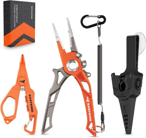 KastKing AlumaStream 7.5" Aluminum Fishing Pliers, Crossover Pliers, Wacky & Neko Rig Pliers With O-Ring Storage, Fishing Gear, Fishing Gifts for Men, Corrosion-Resistant Saltwater & Freshwater Pliers