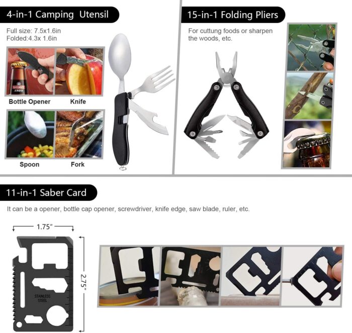 Emergency Survival Kit, 151 Pcs Survival Gear First Aid Kit, Outdoor Trauma Bag with Tactical Flashlight Knife Pliers Pen Blanket Bracelets Compass for Camping Earthquake or Adventures - Image 3
