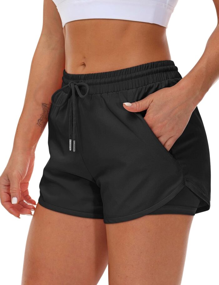 Women's Running Shorts with Liner 3 Zipper Pockets Elastic Workout Athletic Gym Yoga Shorts - Image 2