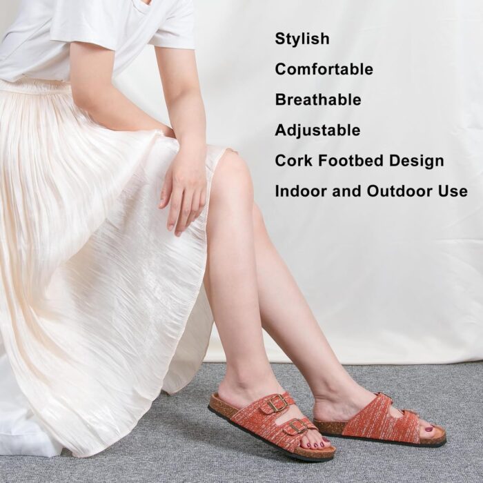 Women's Comfy Arch Support Cork Footbed Adjustable Knitting Straps Indoor and Outdoor Slides Sandals - Image 6
