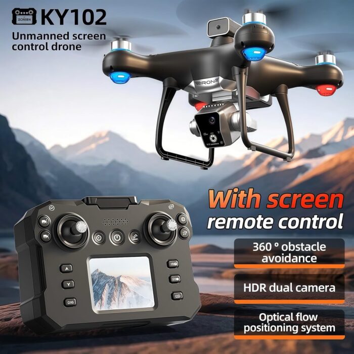 KY102 Drone with Screen Controller with SD card, Brushless Motor, Optical Flow Localization, Active Obstacle Avoidance, 2 batteries, One Key Take Off/Landing. (2 batteries - Black) - Image 3