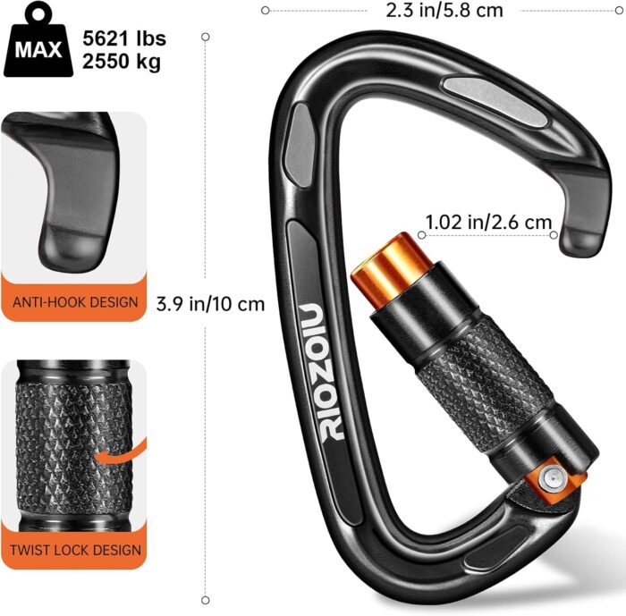 UIAA Certified Auto Locking Climbing Carabiner Clips 25KN Heavy Duty Large Locking Carabiner Clips for Rock/Ice Climbing Rappelling D Shaped 3.93 Inch, Large Size, Black - Image 3
