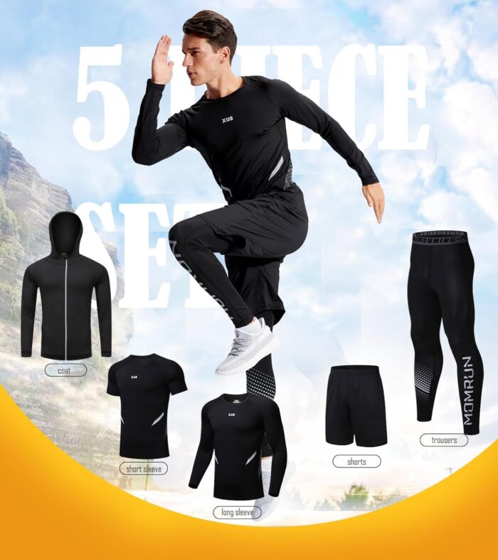 BOOMCOOL 5PCS Workout Sets incluir Compression Shirt Pants Hoodie Jacket for Men outdoor sports running indoor fitness - Image 6