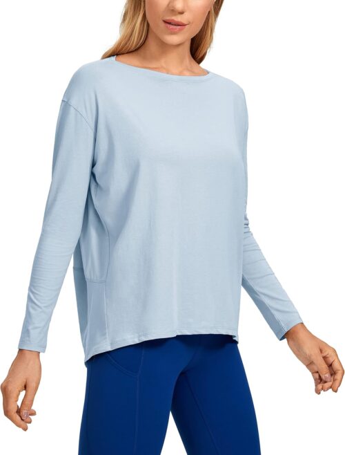 CRZ YOGA Pima Cotton Long Sleeve Workout Shirts for Women Loose Fit Athletic Yoga T-Shirts Casual Boat Neck Fall Tops