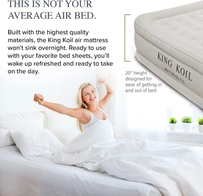 King Koil Luxury Built-in Pillow Top Queen Air Mattress with Built-in High-Speed Pump Best for Home, Camping, Guests, 20" Queen Size Double High Airbed, Blow Up Mattress, Waterproof, 1-Year Warranty - Image 2