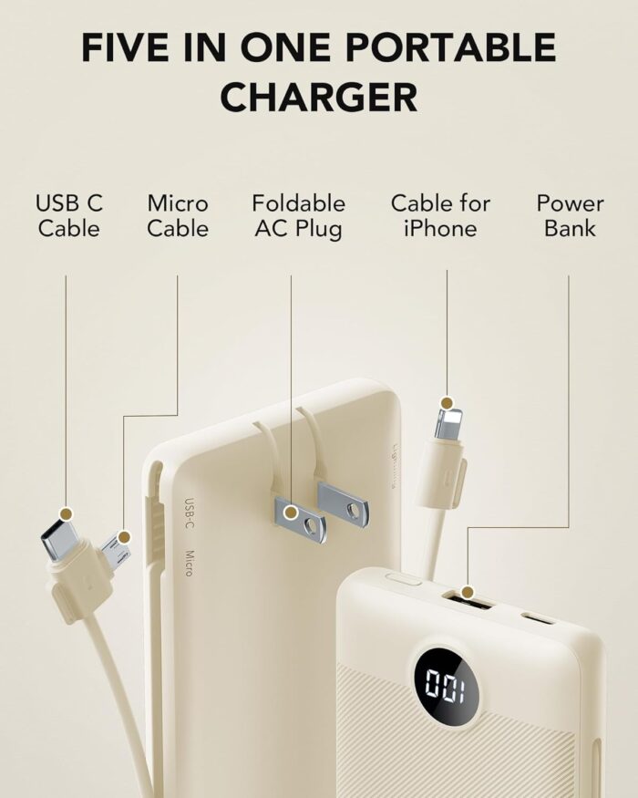 Portable Charger Built-in Cables and AC Wall Plug, USB C Power Bank 10000mAh, Travel Battery Portable Phone Charger Compact Lightweight External Battery Pack for Smart Phones, Tablets etc-Light Coffee - Image 3