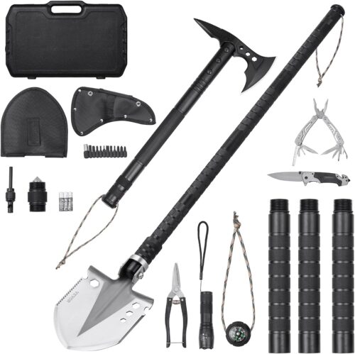 VEVOR Survival Shovel Survival Axe, 28-in-1 Camping Folding Shovels with Hatchet, Stainless Steel Tactical Shovel Hatchet Combo, Multifunctional Emergency Survival Gear Equipment for Camping Hiking