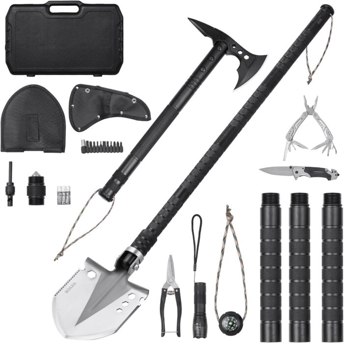 VEVOR Survival Shovel Survival Axe, 28-in-1 Camping Folding Shovels with Hatchet, Stainless Steel Tactical Shovel Hatchet Combo, Multifunctional Emergency Survival Gear Equipment for Camping Hiking