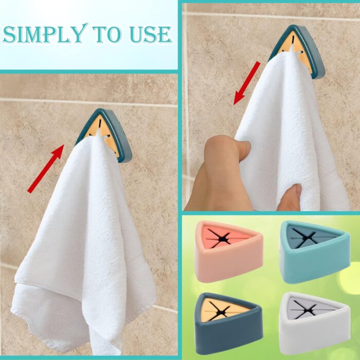 4Pcs Towel Hook Holder Grabber, Drill Free Self Adhesive Push Hooks Firmly, Colorful Dish Towel Holders for Kitchen Bathroom Organization - Image 5