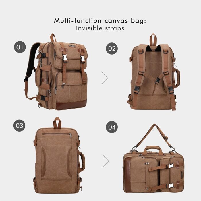 WITZMAN Canvas Travel Backpack for Men Large Laptop Backpack Fit 17 inch Carry-on Airline Approved Convertible Shoulder Rucksack(A6617-3 Brown) - Image 4
