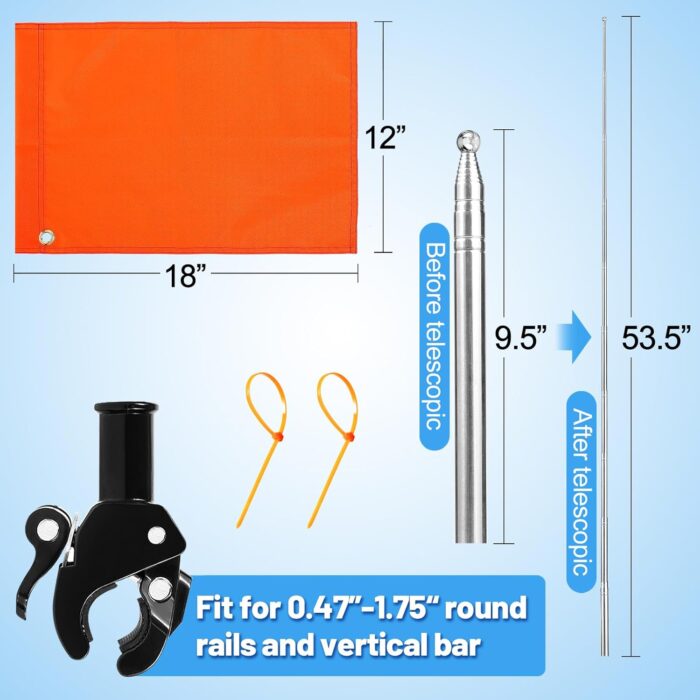 Orange Boat Flag with 53" Adjustable Pole - 12” x 18” Water Ski Flag with Stable Holder, Boat Safety Accessories for Watersports Wakeboarding - Image 6