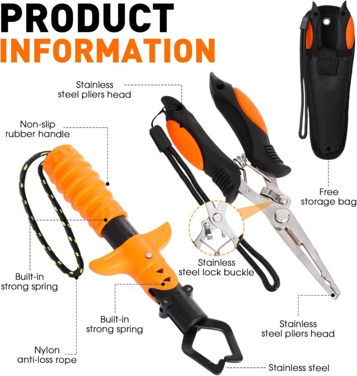 10 Pcs Fishing Tool Kit, Fishing Pliers with Lanyard and Protective Sheaths, Landing Net, Fillet Knife, Fish Scale, Gripper, Hook Remover, Braid Scissors, Gloves for Fishmen Gifts - Image 3