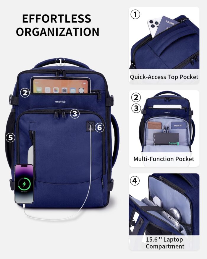 ECOHUB 17" Small Travel Backpack, United Airlines Personal Item Bag 17x10x9 with 16 Pockets, Water Resistant Rucksacks Fit 15.6" Laptop, AirTag Pocket, Lightweight Casual Daypack, 25L, Blue - Image 4