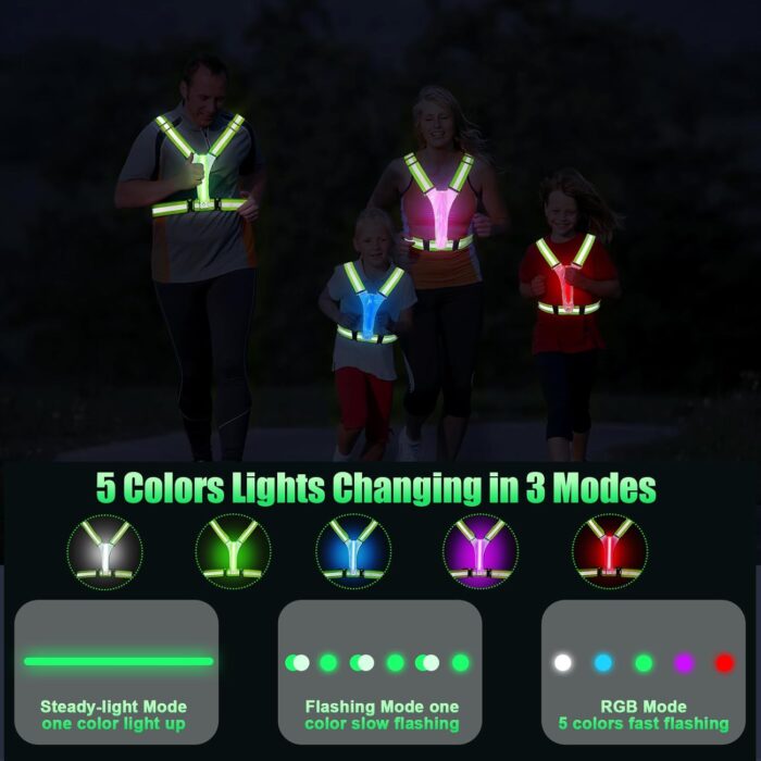 LED Reflective Vest Running Gear, 5 Colors Lights Up Running Vest Rechargeable for Night Walking Running Cycling Jogging, Adjustable Size for Men Women Kids - Image 3