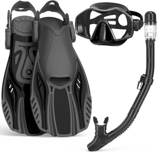 Snorkeling Gear for Adults,Mask Fins Snorkel Set,Panoramic View Diving Mask Anti-Fog,Dry Snorkel,Adjustable Swim Flippers and Travel Bag,Adults Snorkel Gear for Swimming Snorkeling Diving