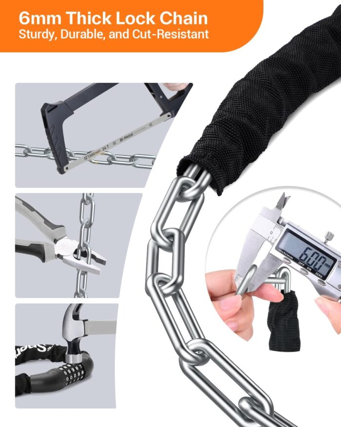 Sportneer Bike Lock: 5 Digit Combination High Security Anti Theft Bike Chain Lock - 3.2/3.6/4ft Heavy Duty Keyless Bicycle Lock for Bike, Motorcycle, Scooter, Door & Gate - 4/6mm Thick, Easy to Use - Image 4