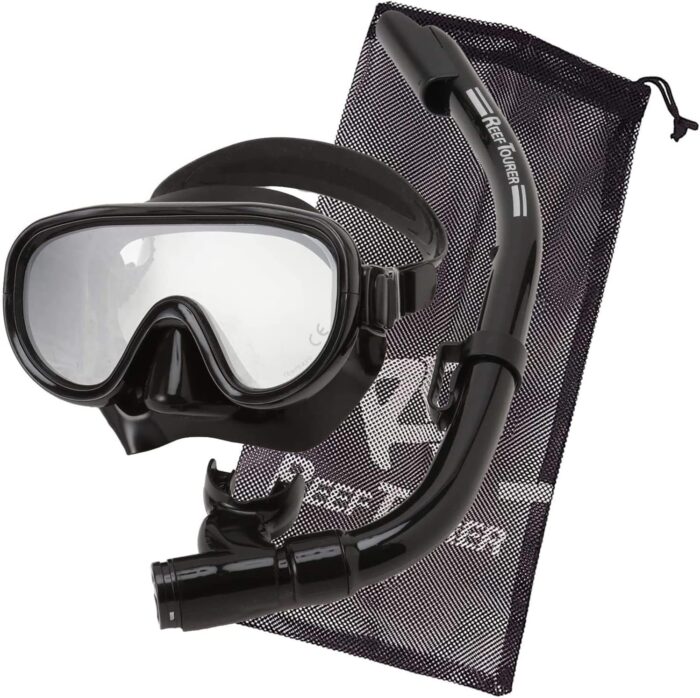 Snorkeling Gear for Adults, Single-Window Snorkel Mask & Snorkel Set, Semi-Dry Top Panoramic Wide View Snorkel Mask, Adult Snorkel Set Ages 10+ Swimming Diving Package w/Travel Bag RC0105