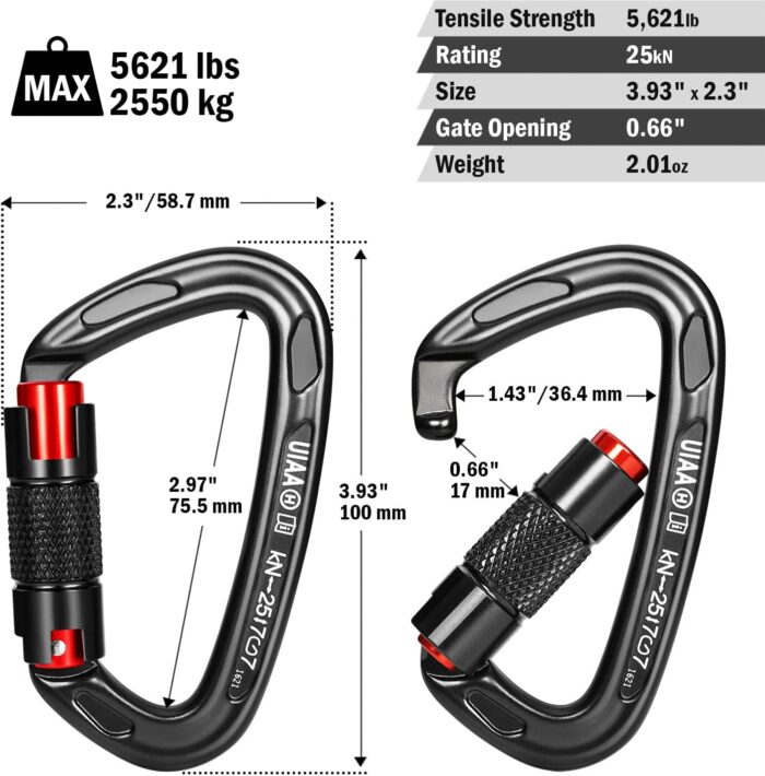 FresKaro UIAA Certified 25KN Auto Locking Climbing Carabiner Clips, Twist Lock, and Heavy Duty Carabiners for Rock Climbing, Rappelling, and Mountaineering, D Shaped 3.93 Inch, Large Size, Black - Image 3
