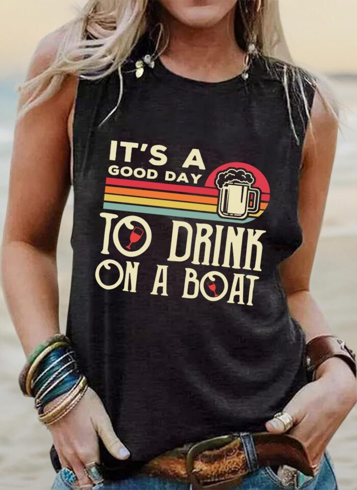 Good Day to Drink Tank for Women Funny Cruise Mode Letter Print Drinking Sleeveless Shirt Rowing Gift Summer Vacation Top - Image 3