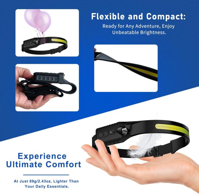 Headlamp Rechargeable (2-Pack), LED Head Lamp Flashlight, 230° Wide Beam Headband Light, 400 Lumen Super Bright, Waterproof Headlight, 5 Modes for Running, Fishing, Hiking, Camping - Image 2