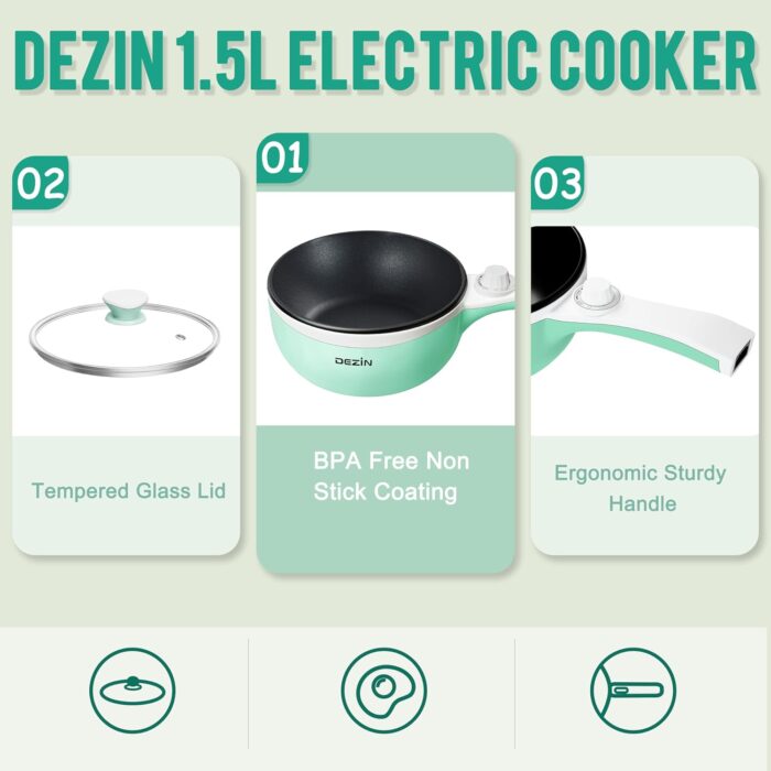 Dezin Hot Pot Electric Upgraded, Non-Stick Sauté Pan, Rapid Noodles Electric Pot, 1.5L Mini Portable Hot Pot for Steak, Egg, Fried Rice, Ramen, Oatmeal, Soup with Power Adjustment - Image 7